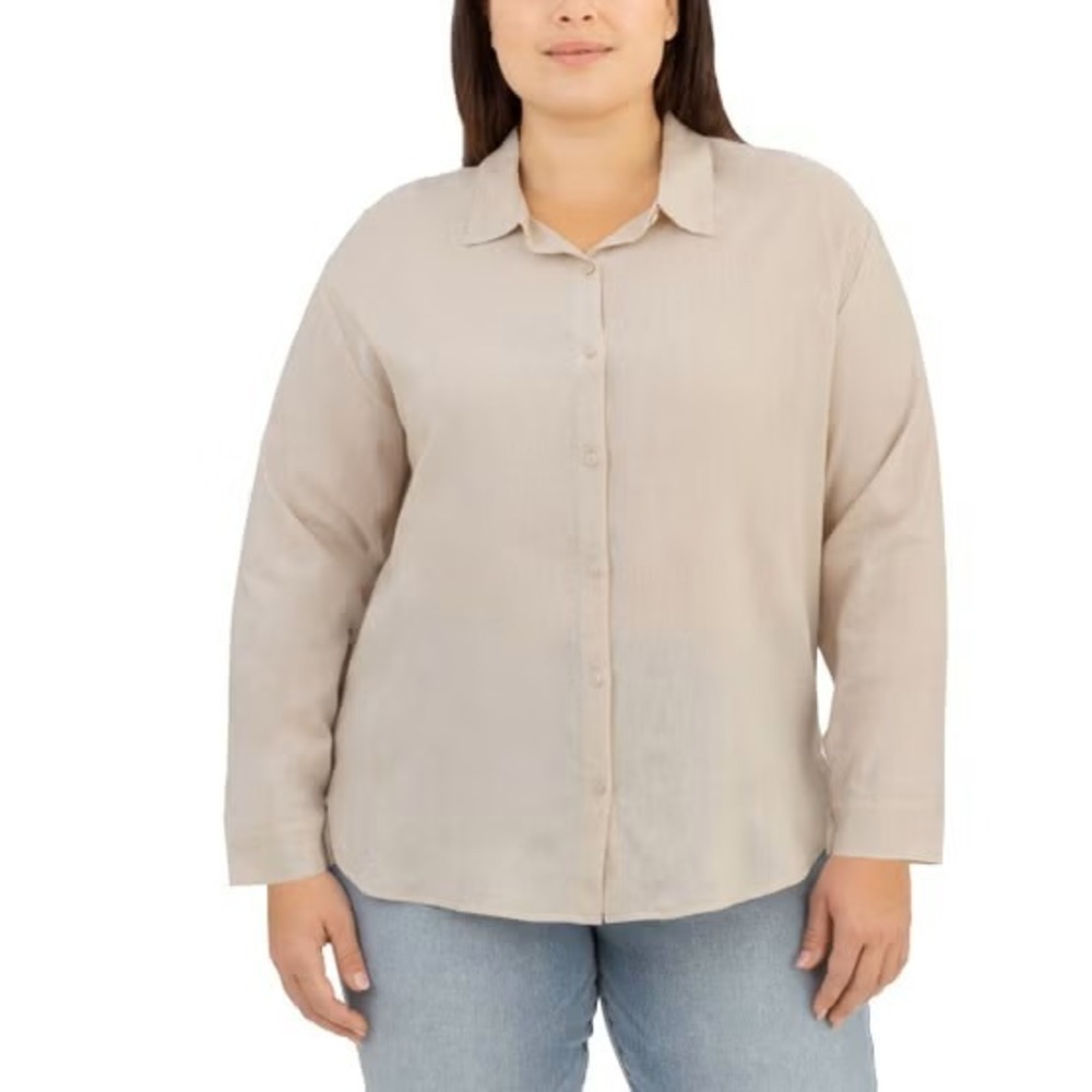 BLANK NYC Linen Blend Button Up Shirt Size XL Tan Natural Khaki Long Sleeve NWT